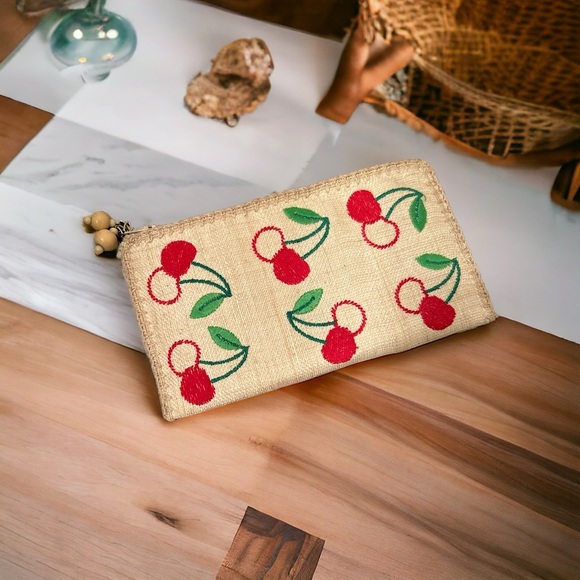 Cherry Woven Purse Clutch Abaca Sinamay Philippines Lined Red Brown Kultura New - Picture 1 of 10
